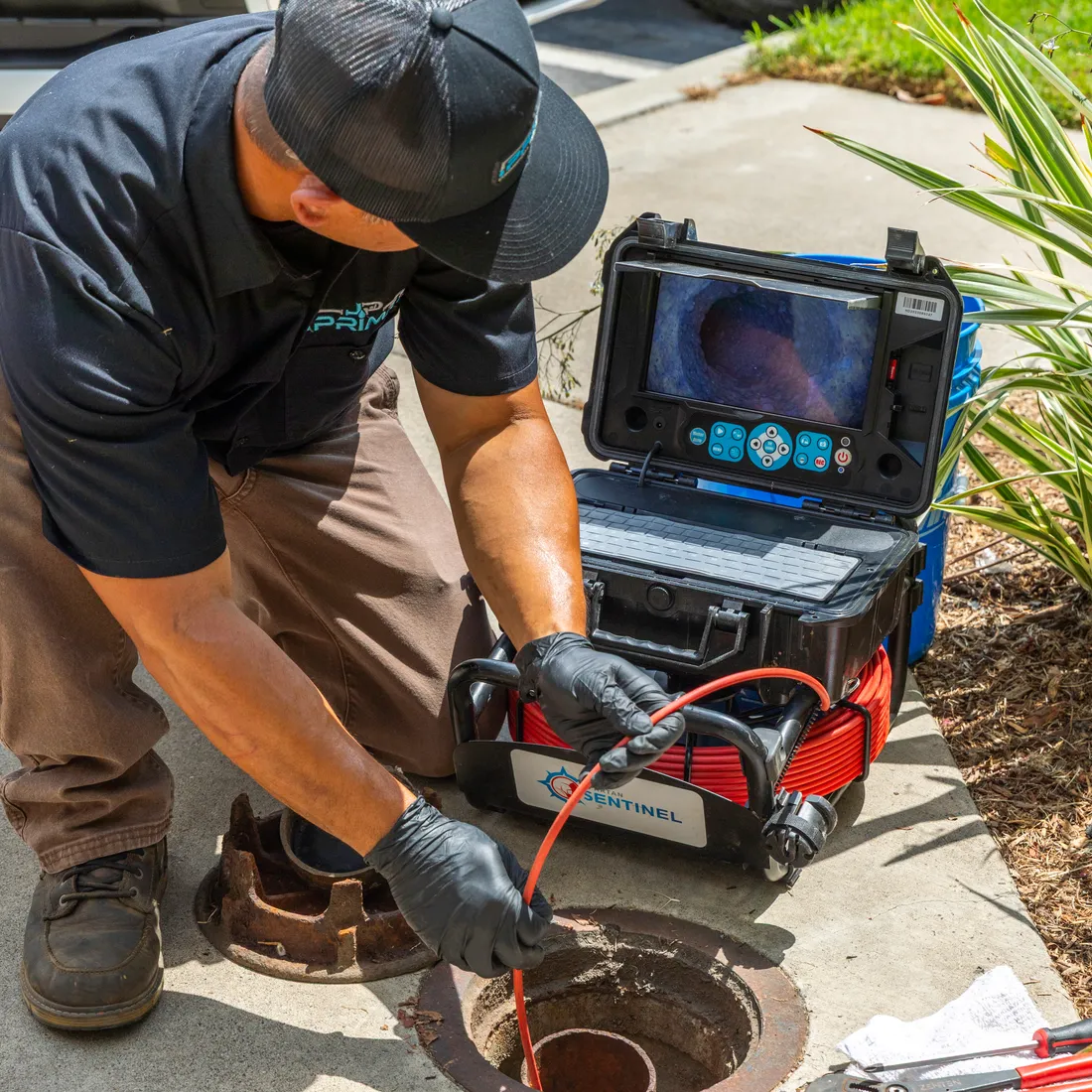 A JP Prime technician inspecting a pipe with a camera